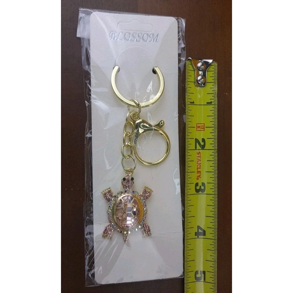 Turtle Pink Rhinestone Crystal Gold‎ Tone Keychain Backpack Purse Clip